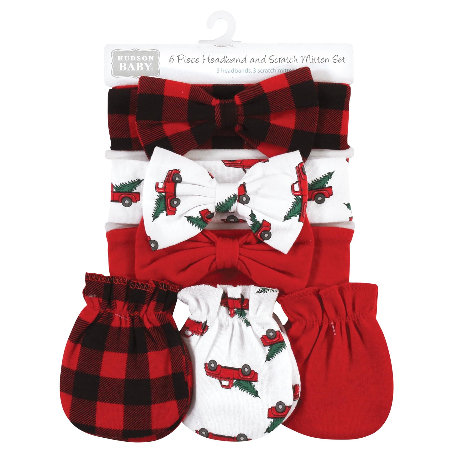 Hudson Baby Baby Girls Cotton Headband and Scratch Mitten Set, Christmas Tree Truck, 0-6 Months