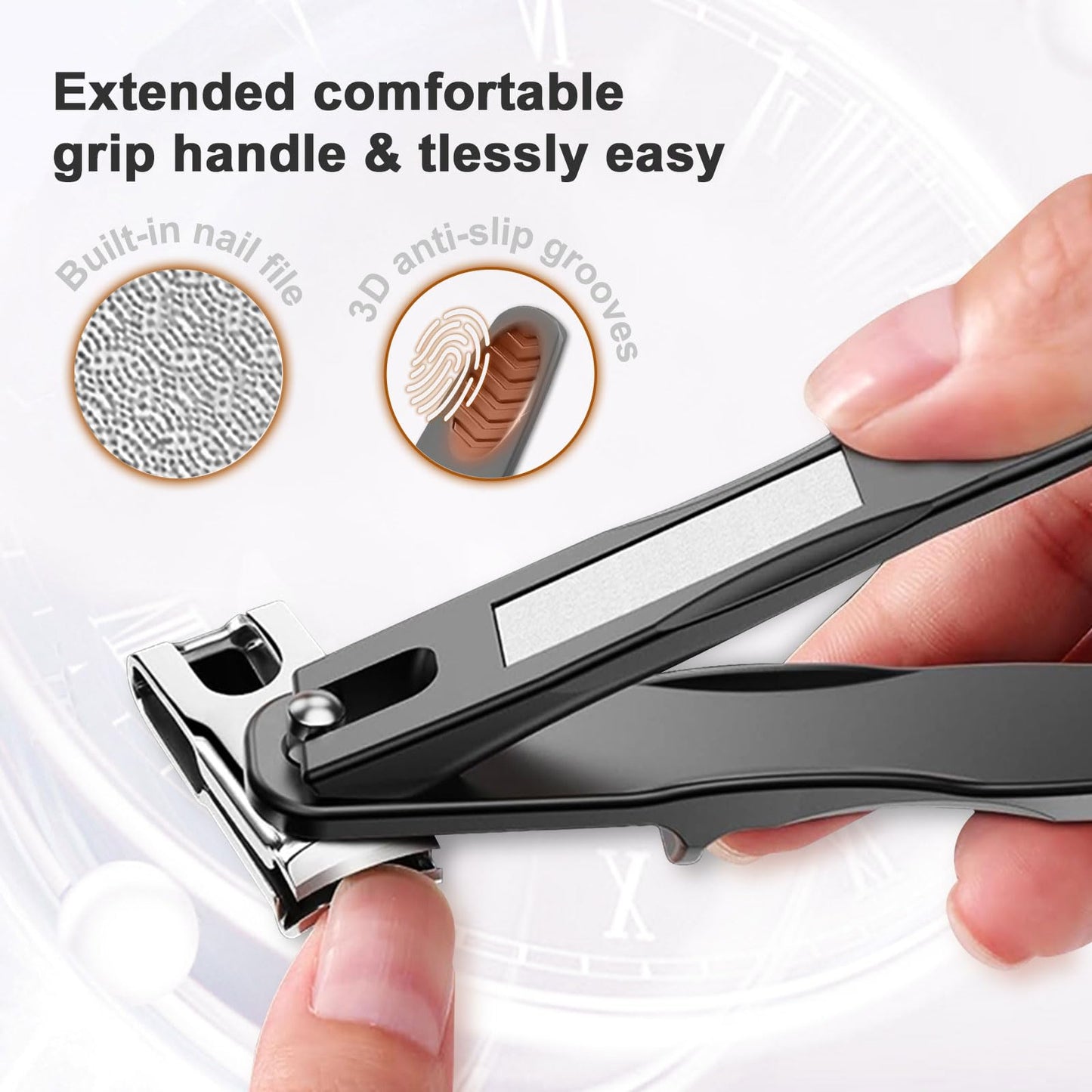 ILLFER Toe Nail Clippers for Seniors, 360° Rotating Long Handle Fingernail Clipper Ergonomic Nail Cutter for Men Women Premium Steel Nail Trimmer with Glass Nail File for Thick Toenails (Black)