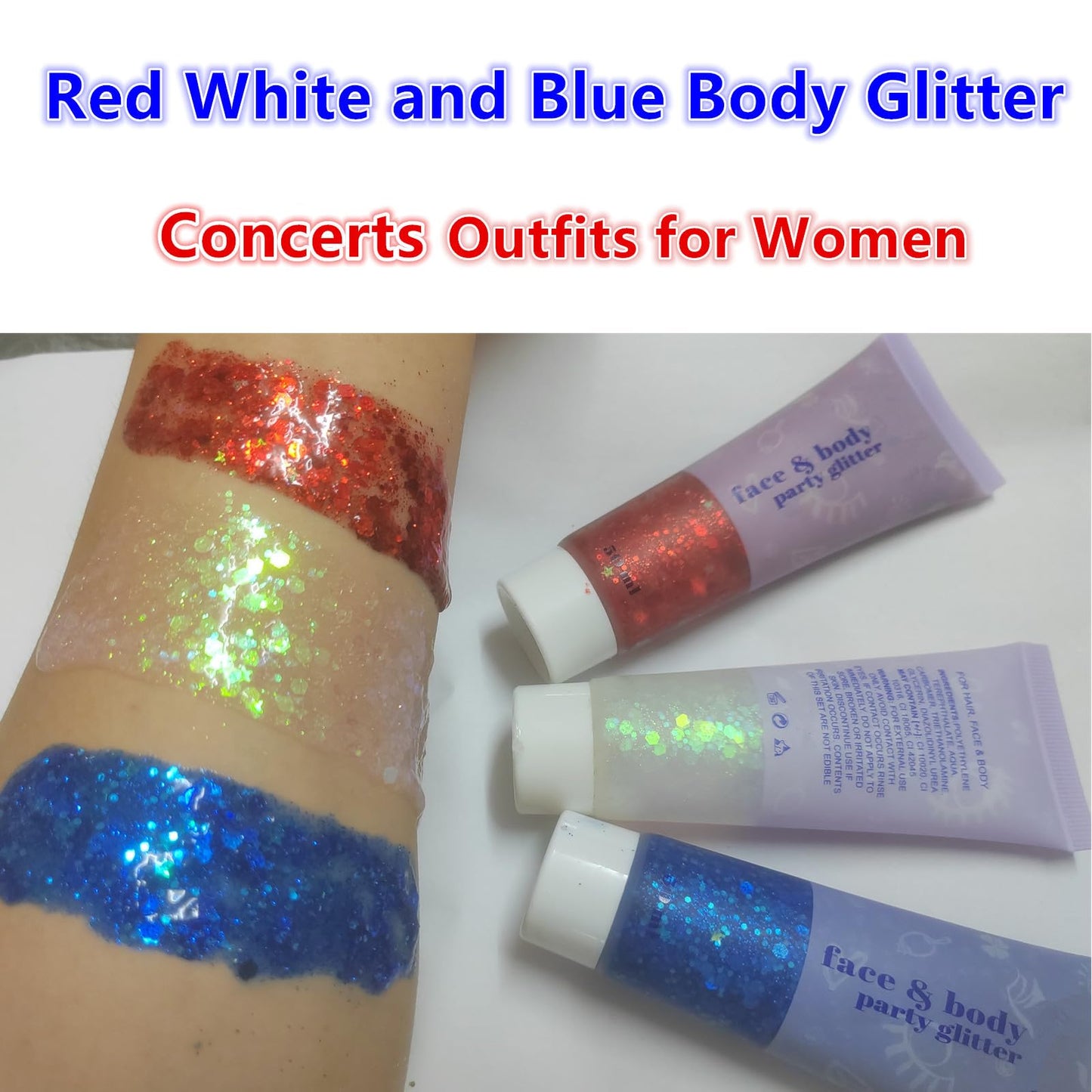 Go Ho Red White and Blue Body Glitter Set,4th of July Outfits for Women Reflective Glitter Makeup,Face Glitter Gel,Holographic Long Lasting Chunky Sequins Glitters,4th of July Accessories