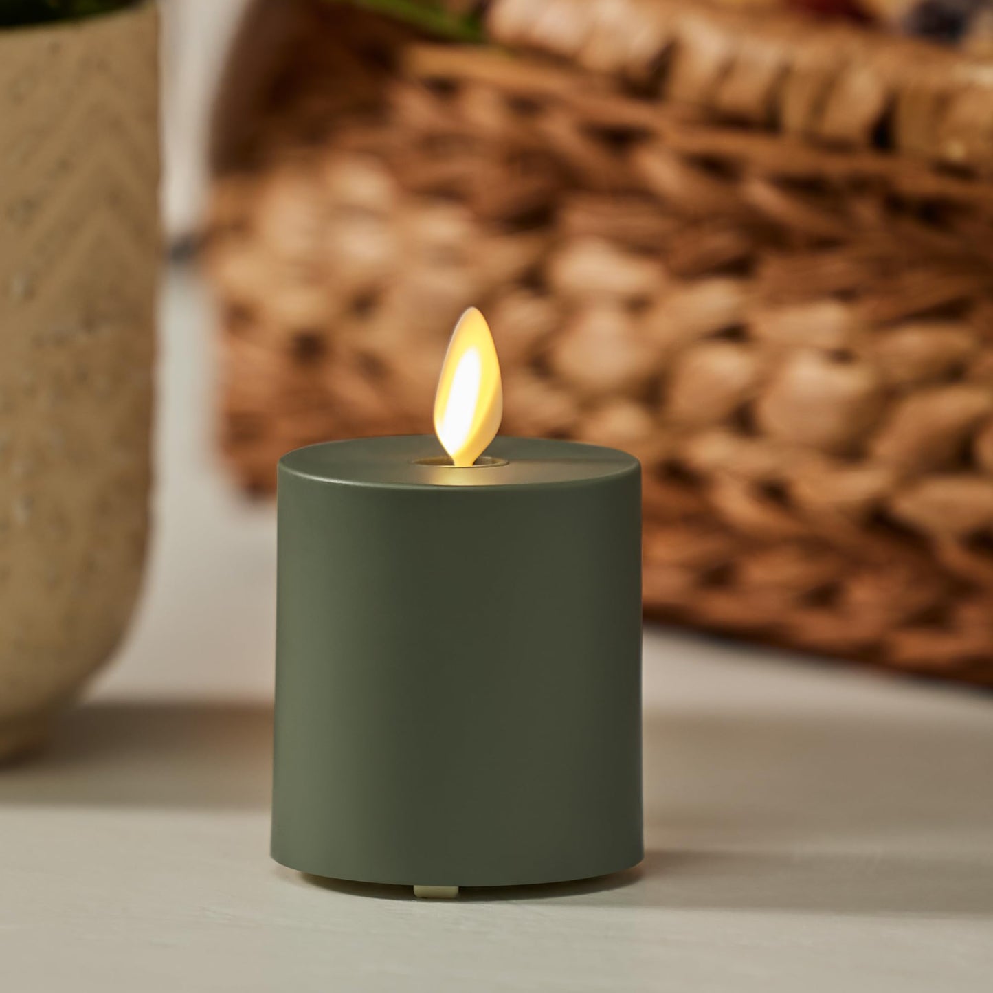 Luminara Loden Green Outdoor Moving Flame Votive Realistic LED Candle (2"x3.2"), IPX4 Flat Smooth Matte Plastic Finish, Battery Operated (2 AAA) Timer