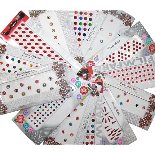 Pack of 6 Indian Bollywood Forehead Stickers Diamond Design Jewelry Collection Small Stone Bindi (Multi-Color)