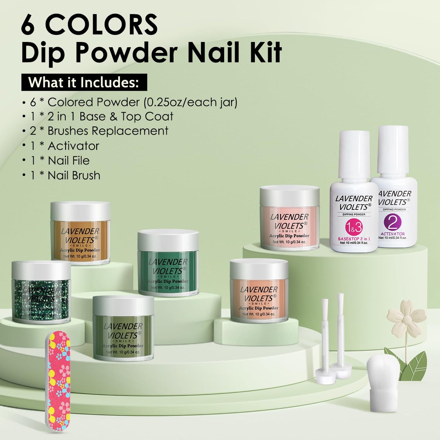 Lavender Violets 12Pcs Dip Powder Nail Kit Starter - 6 Colors Nude Pink Brown Jade Green Dipping Powder Liquid Set with Base & Top Coat Activator for Dips Manicure M207