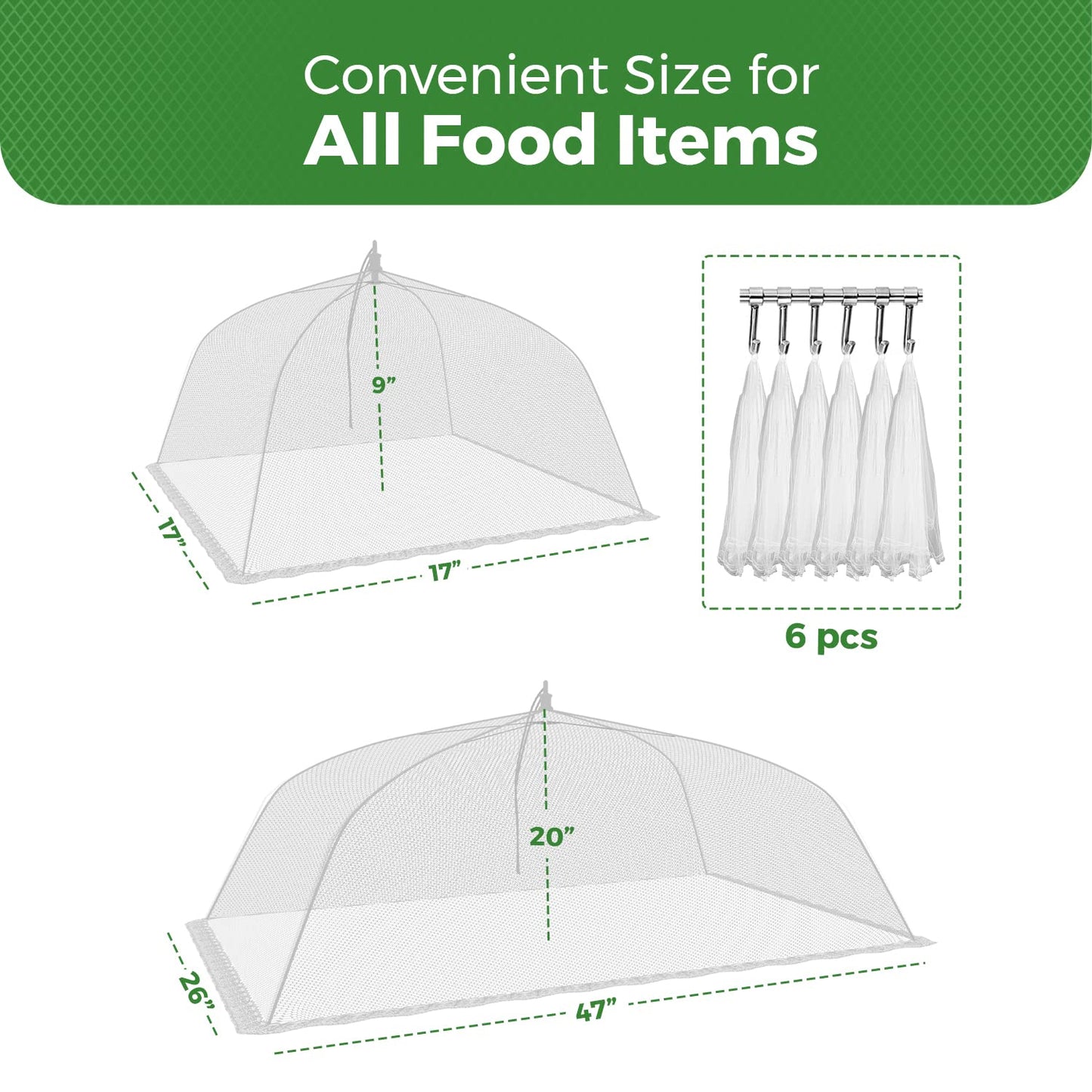 Simply Genius Mesh Food Cover Set, 2 Jumbo (100cm x 60cm) & 4 Large (17”x17”) Pop-Up Food Tents/Food Covers For Outdoors, Reusable and Collapsible, Food Nets, 6 Pack