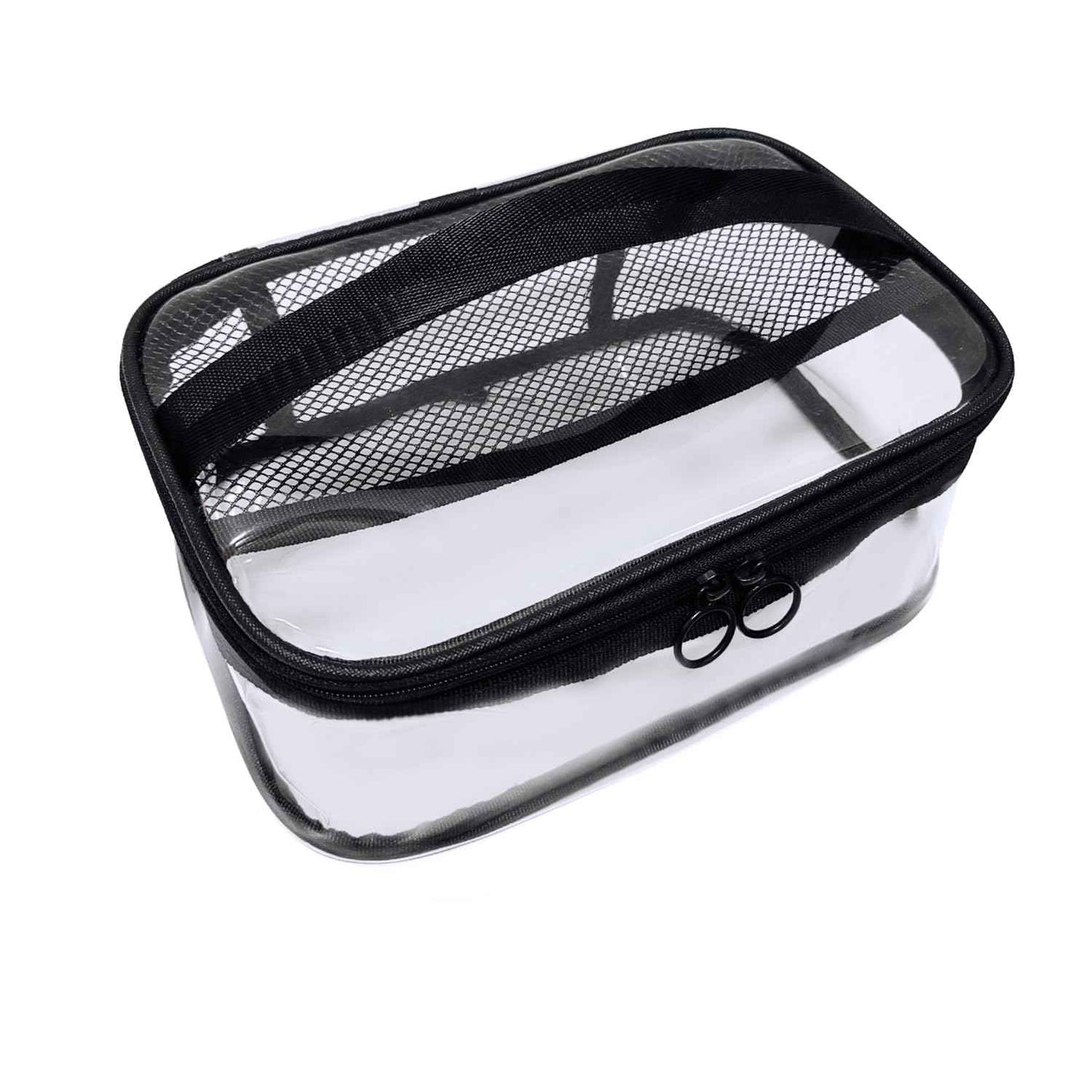 leevanoo Clear Makeup Bags with Mesh Top，Clear PVC with Zipper Handle Portable Travel Luggage Pouch，TSA Approved Cosmetic Organizer (Black)