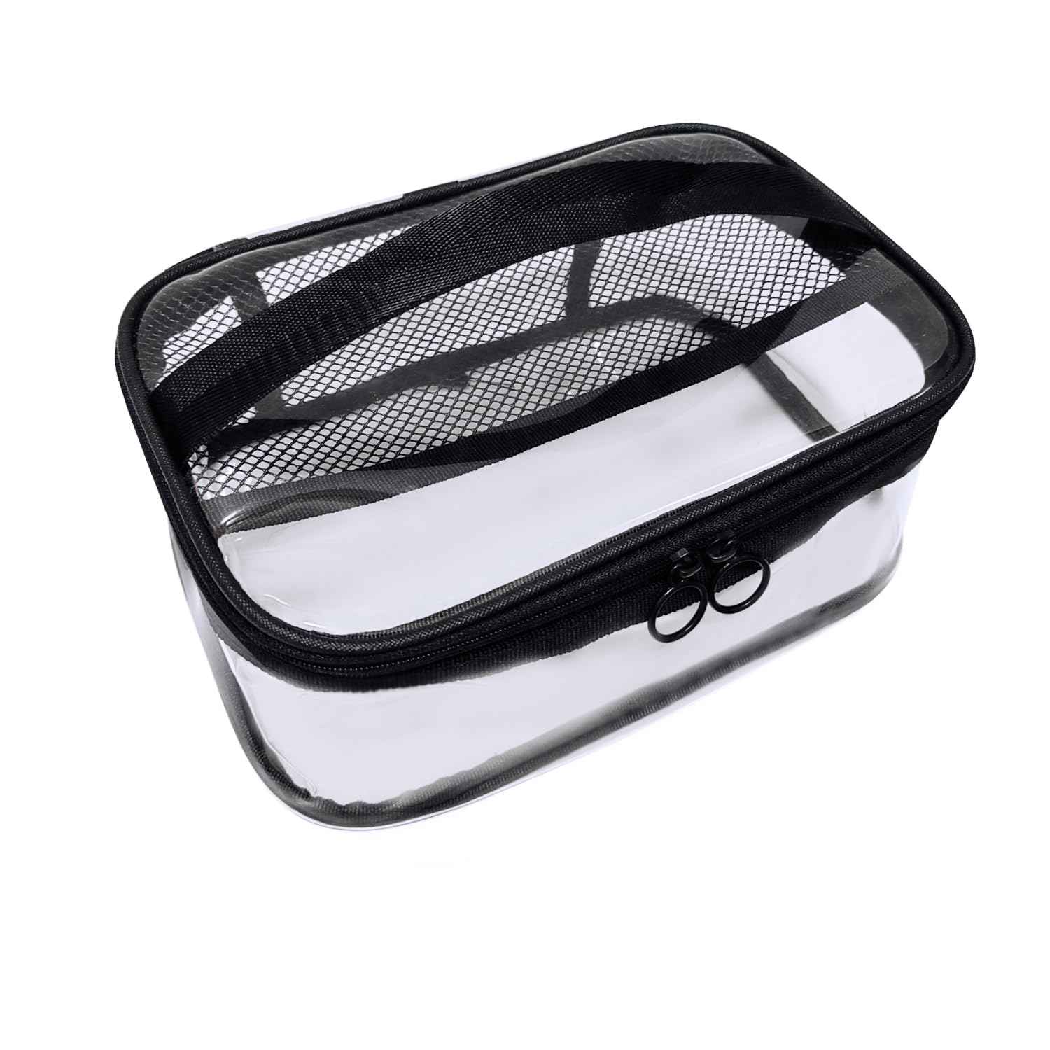 leevanoo Clear Makeup Bags with Mesh Top，Clear PVC with Zipper Handle Portable Travel Luggage Pouch，TSA Approved Cosmetic Organizer (Black)