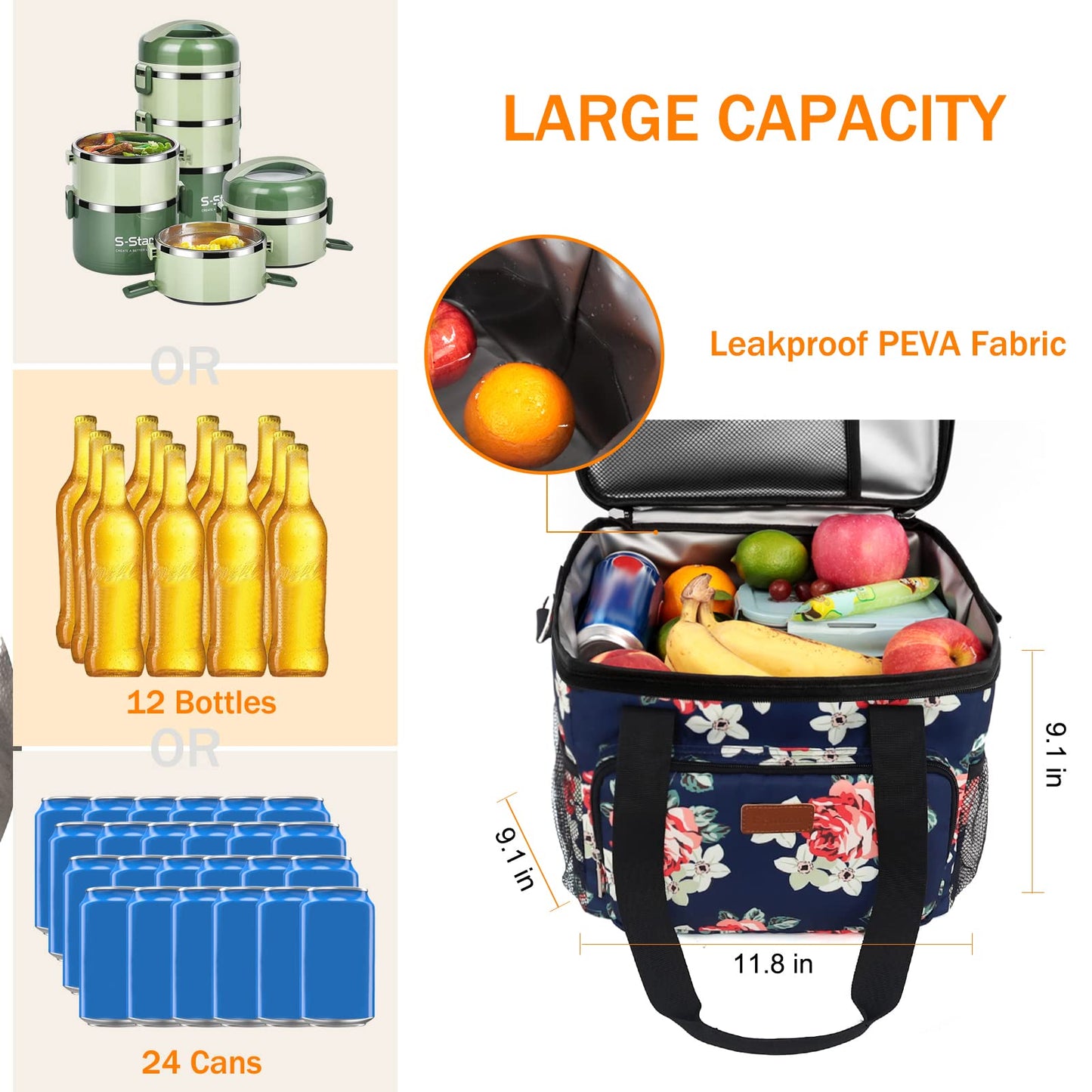 Femuar Lunch Bags for Women/Men, Insulated Lunch Bag for Work Office Picnic - Large Lunch Cooler Bag Leakproof Lunch Box with Adjustable Shoulder Strap for Adults - Floral(15L)