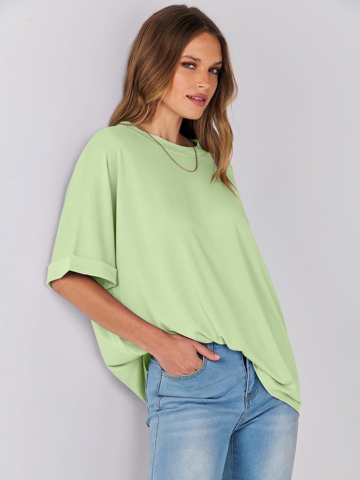 ANRABESS Women's Oversized T Shirts Short Sleeve Crewneck Summer Tops Casual Loose Basic Tee Shirts 2024 Trendy Clothes Light Green Small