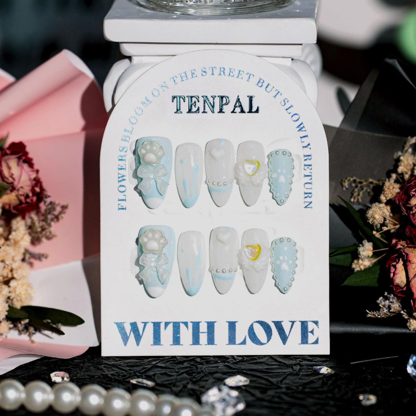 TENPAL Sky Blue Cute Press on Nails Almond Full Cover Fake Nails With 3D Charms Bow Pearls Love Designs Short Almond Nails 10pcs/Box Handmade Sweet Cool Nails Press ons For Women Girls(S)