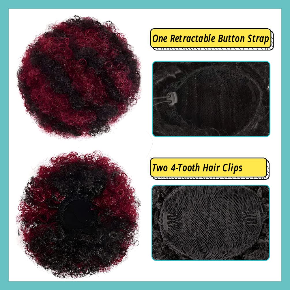 ISWEET Afro Puff Drawstring Ponytail, Curly Afro Bun Extensions Synthetic Ombre Red Hair, Short Afro Hairpieces Updo hair for Black Women (#T1B99J)