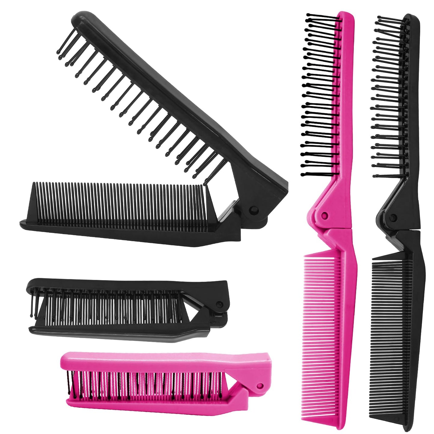 Qjaiune Hair Comb, 6PCS Travel Foldable Plastic Brush Comb Portable Folding Hairdressing Tools, Anti-Static Hair Comb Mini Pocket Comb for Men Women (Black & Hot Pink)