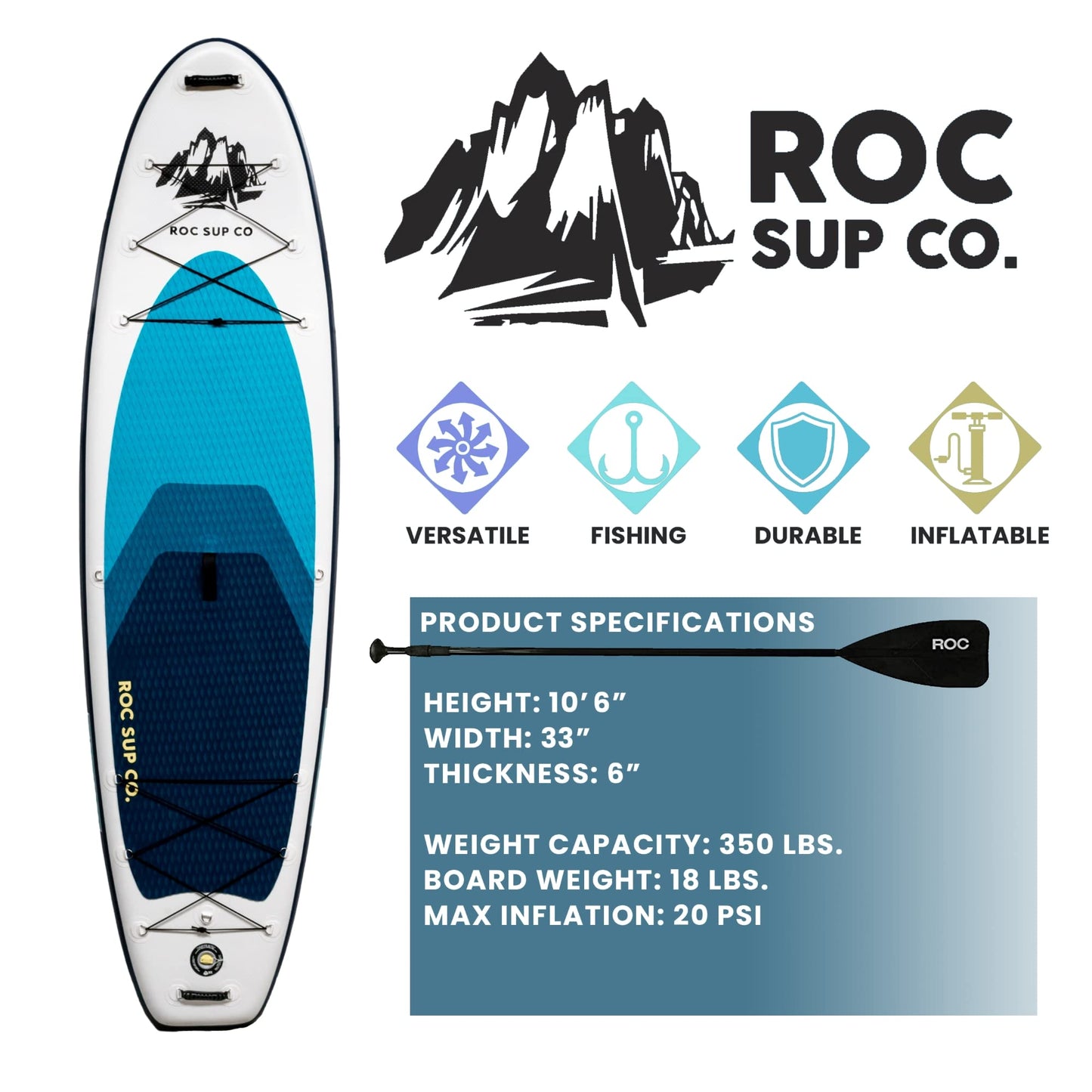 Roc Inflatable Stand Up Paddle Boards 10 ft 6 in with Premium SUP Paddle Board Accessories, Wide Stable Design, Non-Slip Comfort Deck for Youth & Adults (Royal W Kayak Seat)