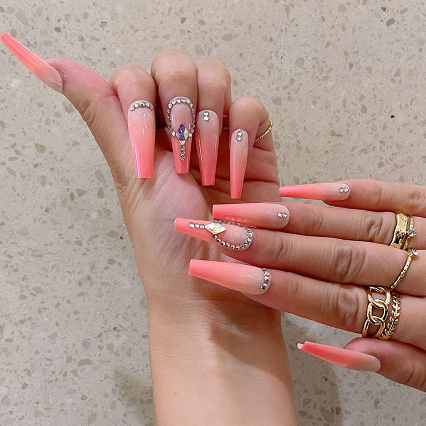 Long Press on Nails Coffin Pink Gradient Acrylic Nails Press ons with Rhinestones Design Artificial Nails Full Cover False Nails with Glue for Women and Girls 24Pcs