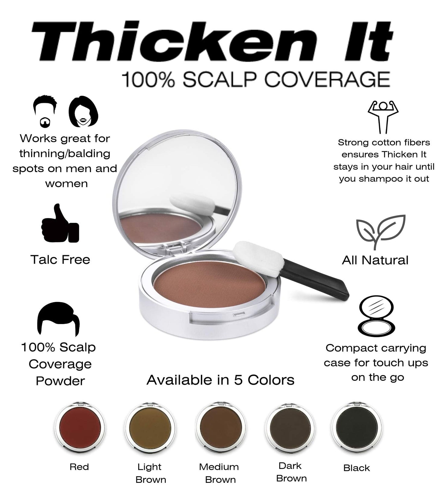 Thicken It 100% Scalp Coverage Hair Powder - BLACK - Talc-Free .32 oz. Water Resistant Hair Loss Concealer for men and women. Naturally Thicker Than Hair Fibers & Spray Concealers