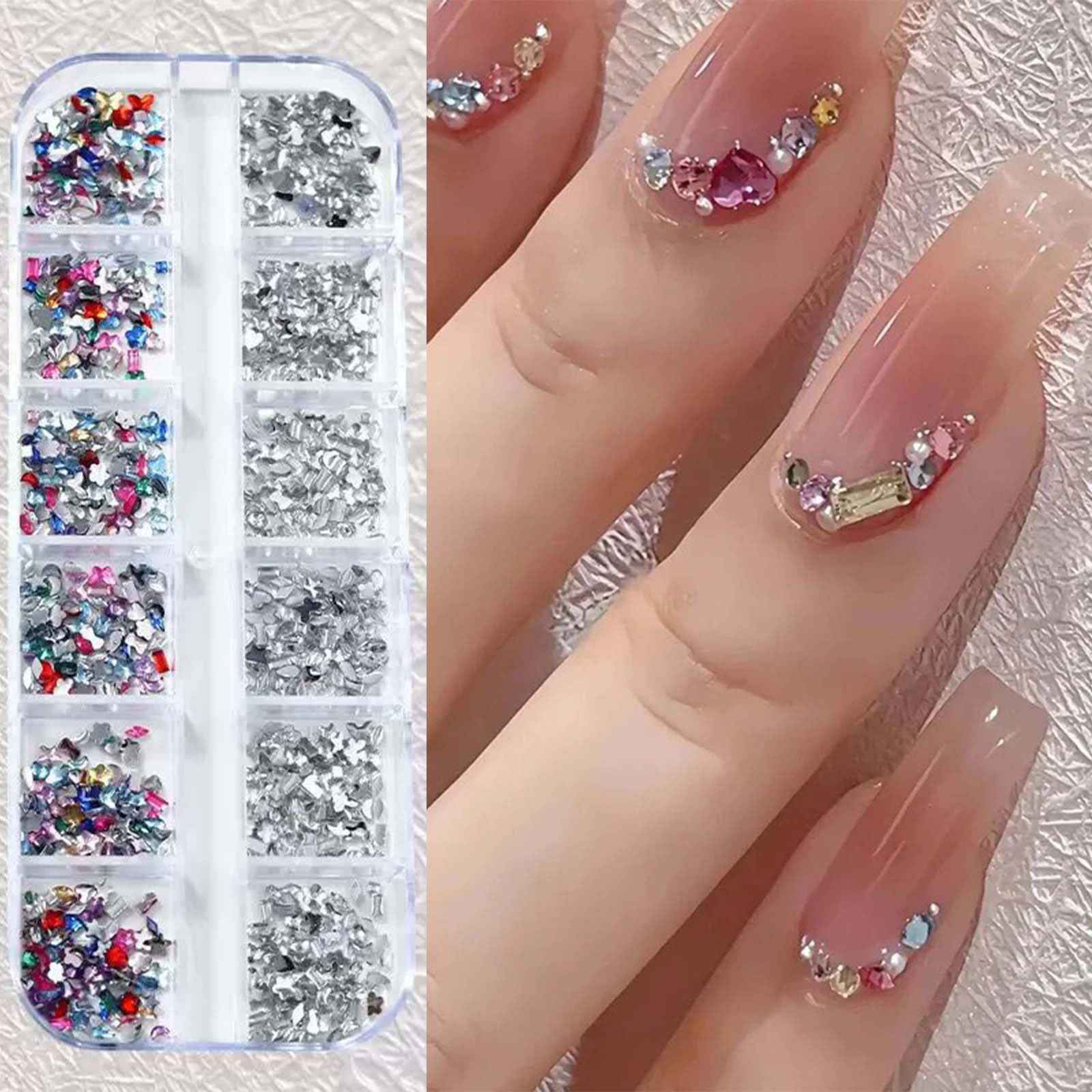 ONPRESS 4Boxes/48Gird 4000Pcs Colorful Rhinestones Nail Art Charms 3D Flatback Rhinestones for Nails Art Design Heart Star Flower Nail Diamonds Kawaii Nail Crafts Acrylic Diamonds for Women Manicure