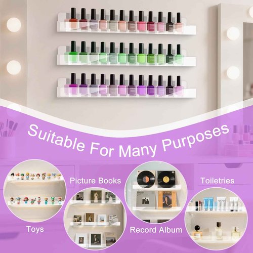 6 Pack Wall Mounted Acrylic Nail Polish Organizer Rack 15 Inch Clear Nail Polish Shelf with Removable Ends Multi-Purpose Shelf for Essential Oils Cosmetics Storage Display for Salon Bathroom