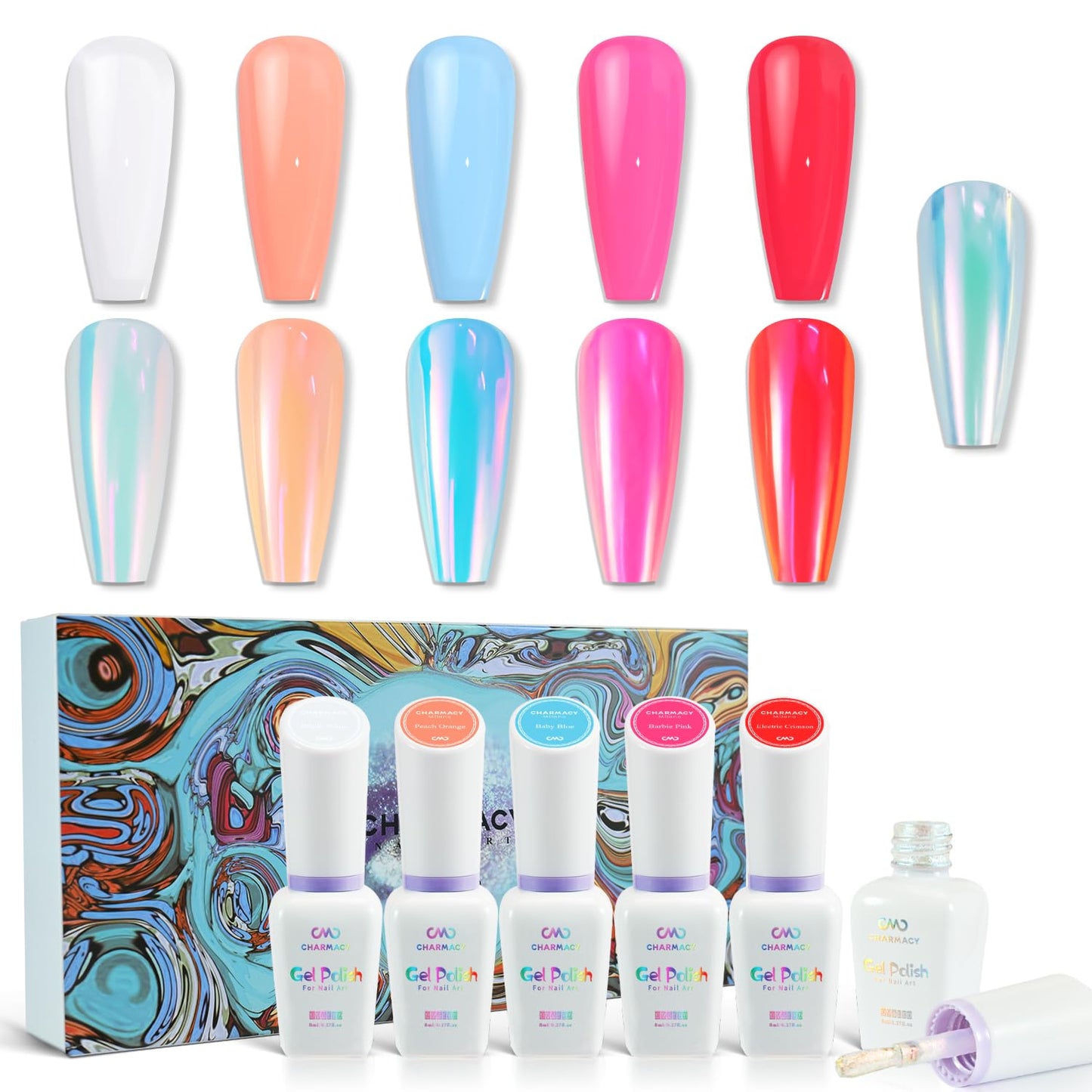 CHARMACY Nail Polish Gel Set 6PCS, Gel UV Nail Polish Colors Blue Hot Pink White Gel Nail Polish, Magic Green Pink Chameleon Mirror Effect Aurora Chrome Nail Powder Liquid Nail Polish Gift Set