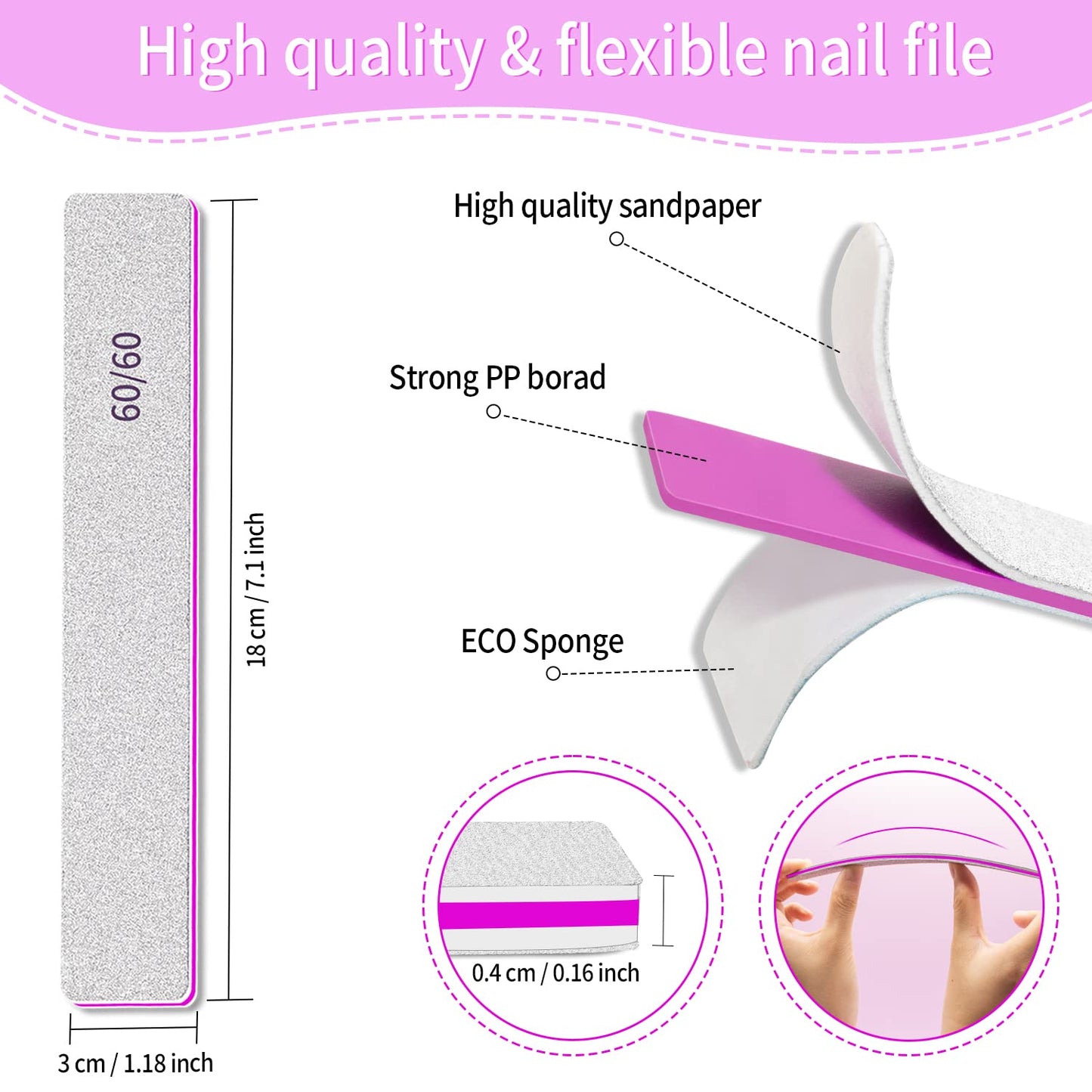 Professional Nail Files for Gel Nails- 60/60 Grit Nail Files for Acrylic Nails, Double Sided Washable Coarse Nail File Manicure Tool for Salon