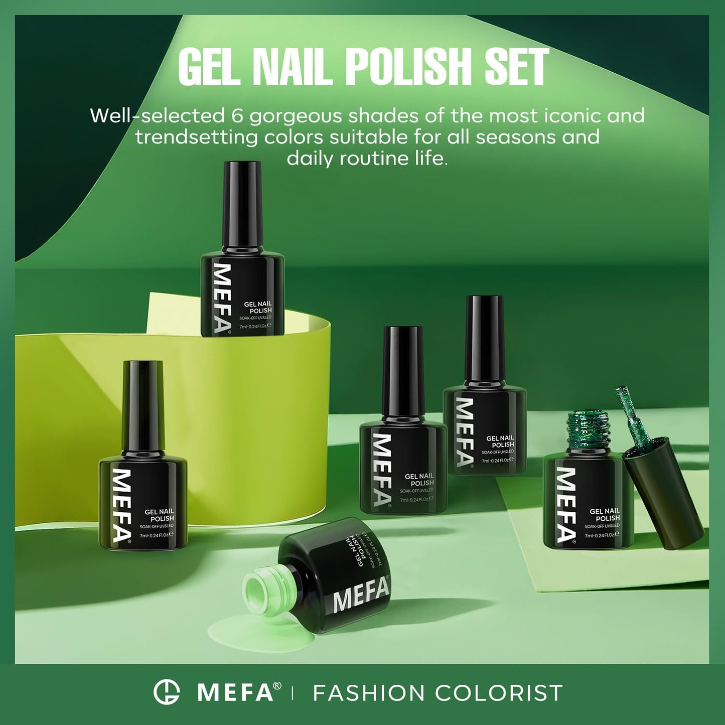 MEFA Green Gel Nail Polish, 6 Colors Green Glitter Nail Polish Gel Dark Avocado Sage Green Evergreen Sparkle Gel Polish Set Soak Off Nail Art DIY Salon Manicure Nail Art Holiday Gifts for Women