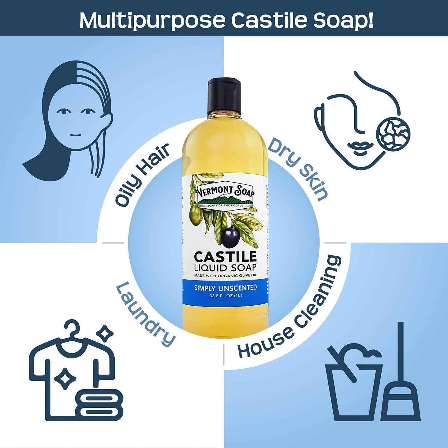 Vermont Castile Unscented Gentle Liquid Soap for Sensitive Skin, Natural Body Wash, Organic Hair Shampoo for Oily Hair, Aloe for Men & Women - 33.8 Oz