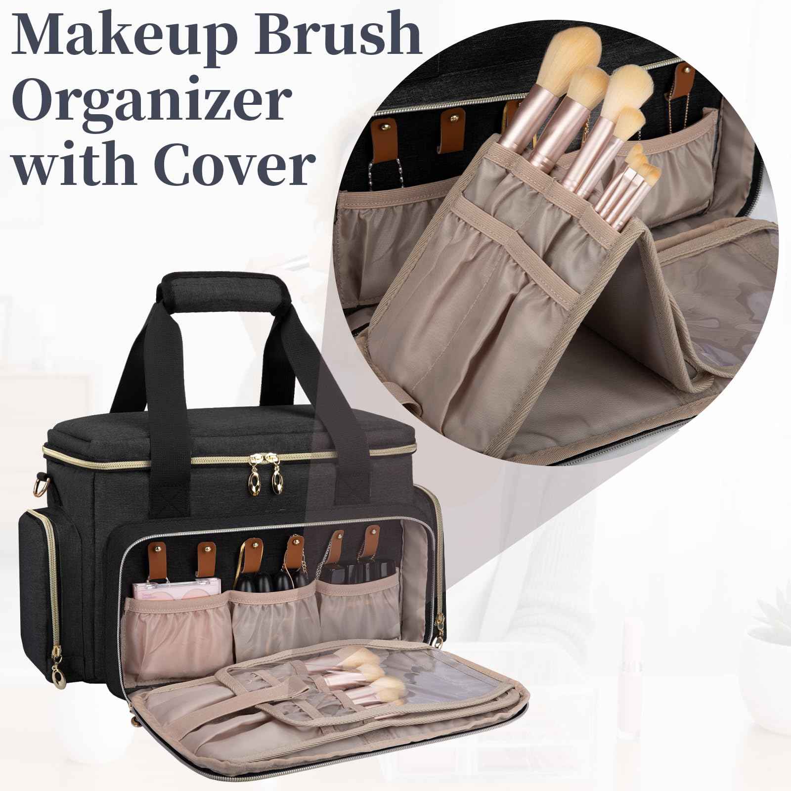 Large Makeup Bag, Portable Travel Makeup Bag Organizer for Women Girls with 2 Removable Pouches & Detachable Dividers, Cosmetic Travel Bag, Toiletry Bag for Makeup and Hair Supplies Black