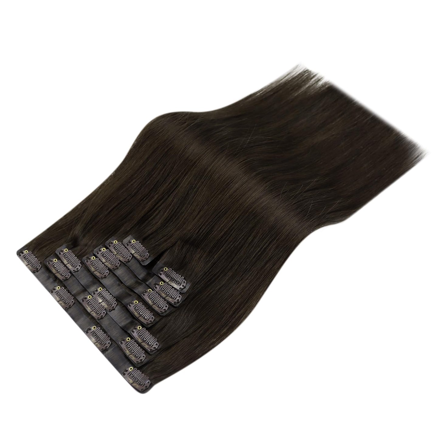 Full Shine Seamless Clip in Hair Extensions Human Hair Brown Remy Hair Extensions Clip in Human Hair Triple Weft Darkest Brown Hair Straight Natural Hair Extensions for Women 8 Pcs 95 g 12 Inch