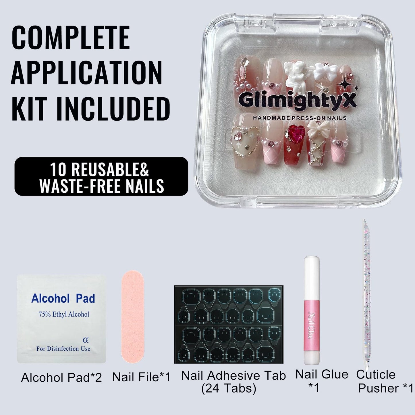 GlimightyX Press On Nails Medium,Bow Aesthetic Coqutte Handmade Gel Press on Nails,Super Sturdy Reusable Acylic-Like Fake Stick Glue on Nails Kit,Size L 10 Nail, Pink Ballet