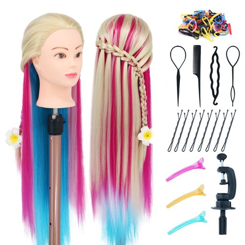 Mannequin Head with Hair, 29'' Training Head Braiding Doll Head for Hair Styling Manikin Cosmetology Mannequin Head Hair Practice Model Head with Clamp Holder(Colorful)