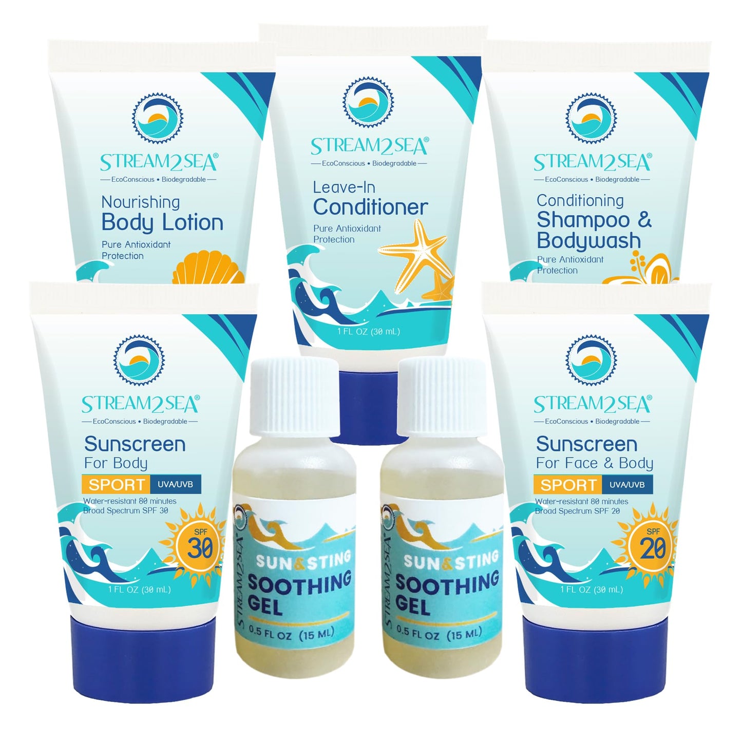 STREAM 2 SEA 6 Pack Natural Travel Sized Toiletries, 1oz Paraben Free Sample Size Shampoo, Conditioner, Lotion, Mineral Sunscreen SPF 20 and SPF 30 and After Sun Gel