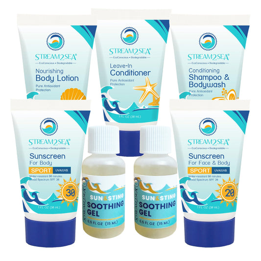 STREAM 2 SEA 6 Pack Natural Travel Sized Toiletries, 1oz Paraben Free Sample Size Shampoo, Conditioner, Lotion, Mineral Sunscreen SPF 20 and SPF 30 and After Sun Gel