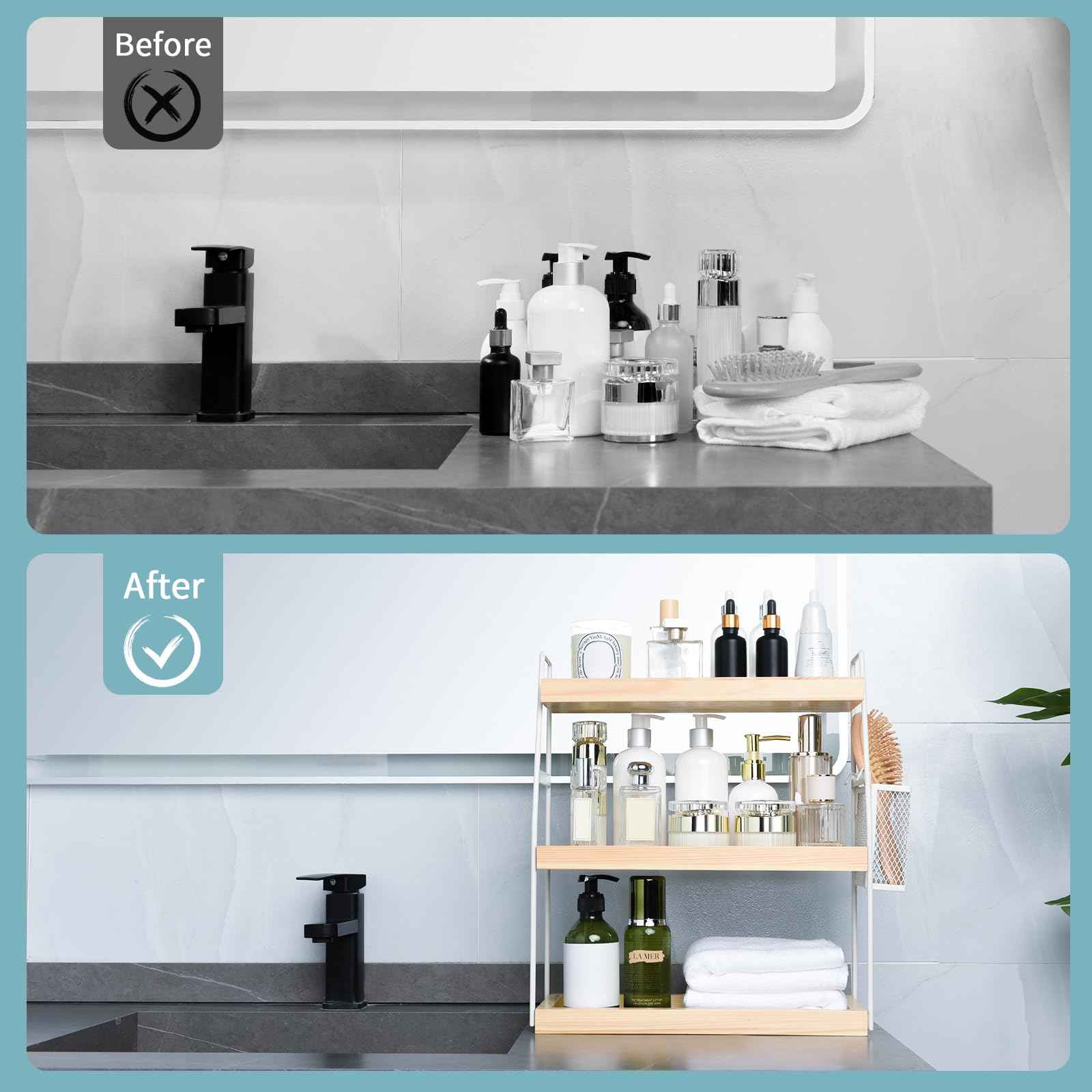 Bathroom Counter Organizer, 3-Tier Standing Storage Shelf with Basket, Wood Tray for Skincare Vanity Organizer(White)