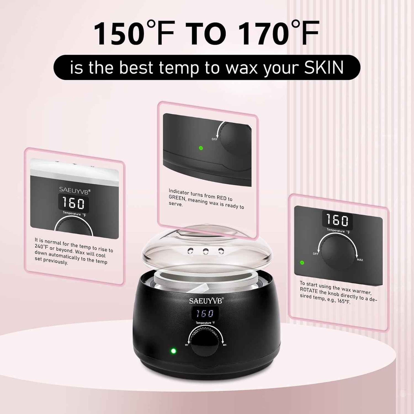 SAEUYVB Professional Digital Wax Warmer with Lid and 16oz Pot for Hair Removal (Black)