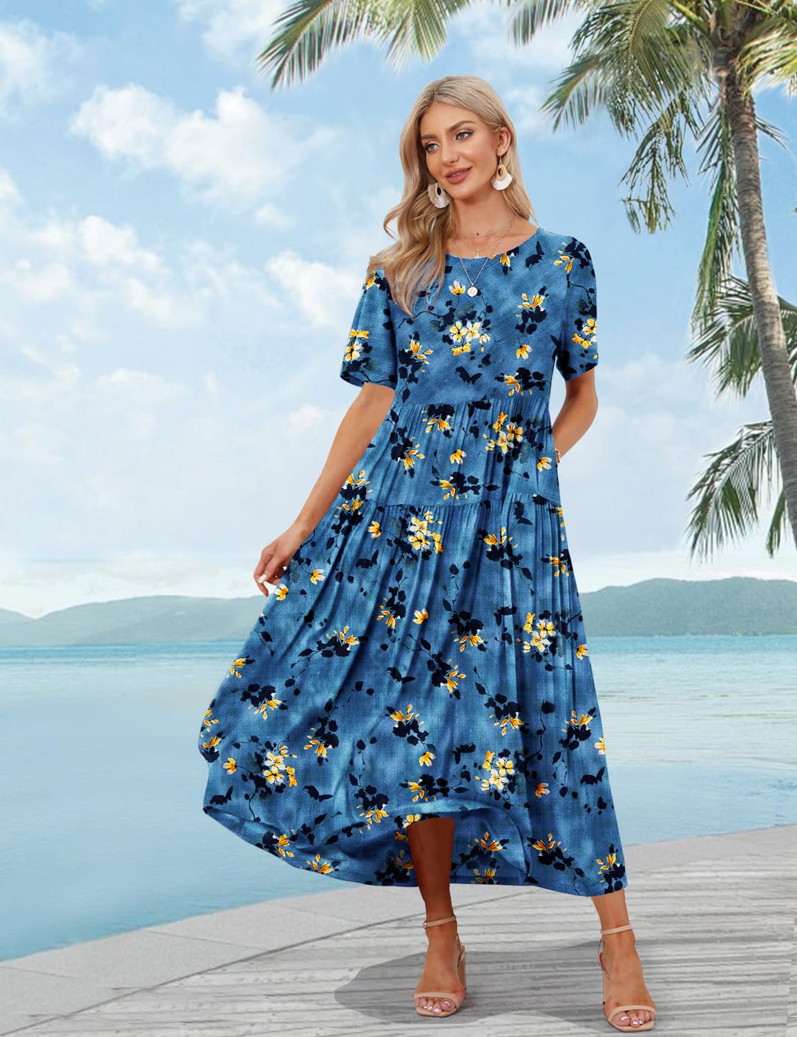 YESNO Women Casual Loose Bohemian Floral Dress with Pockets Short Sleeve Long Maxi Summer Beach Swing Dress S EJF CR428