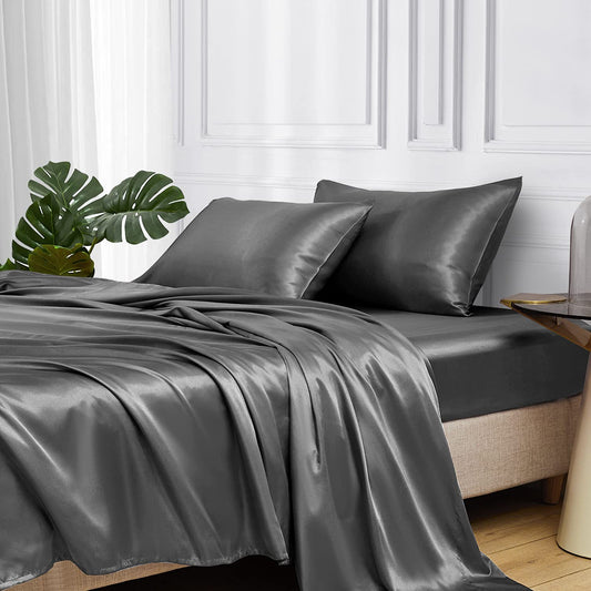 MR&HM Satin Bed Sheets, Twin Size Sheets Set, 3 Pcs Silky Bedding Set with 15 Inches Deep Pocket for Mattress (Twin, Dark Grey)