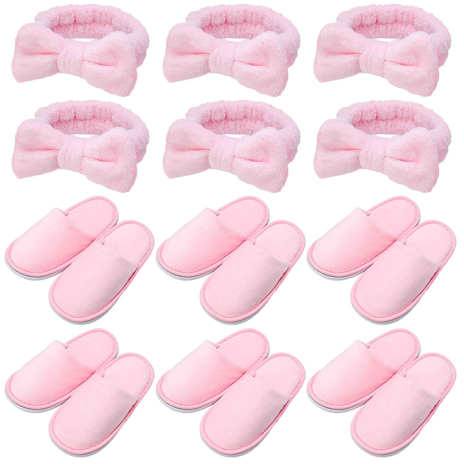 Twistover 12 Pcs Christmas Girls Spa Party Supplies for Kids Gifts Sleepover Party Supplies Include 6 Closed Toe Kids Disposable Slippers 6 Bow Spa Headbands for Makeup Slumber Favors Birthday(Pink)