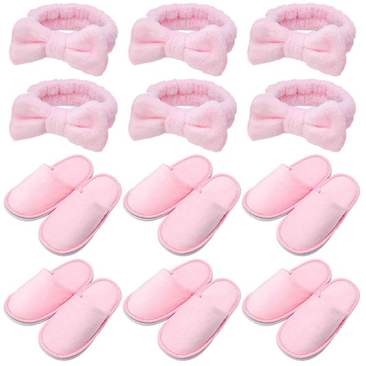 Twistover 12 Pcs Christmas Girls Spa Party Supplies for Kids Gifts Sleepover Party Supplies Include 6 Closed Toe Kids Disposable Slippers 6 Bow Spa Headbands for Makeup Slumber Favors Birthday(Pink)