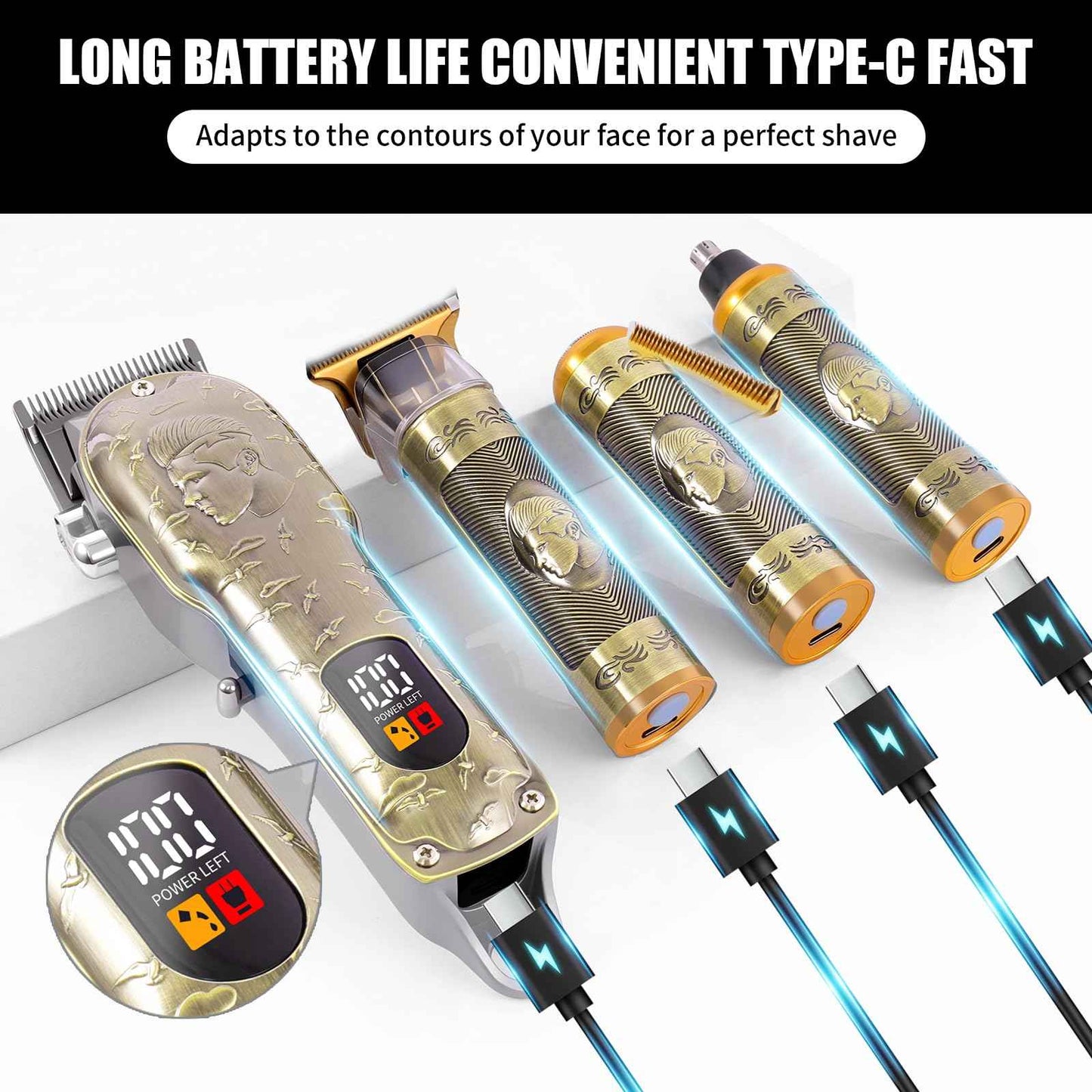 Professional Hair Clipper Set Men's Cordless Hair Clipper T-Shaped Blade Beard Trimmer Nose Hair Trimmer Electric Shaver Rechargeable Professional Hair Trimmer Set (Bronze)