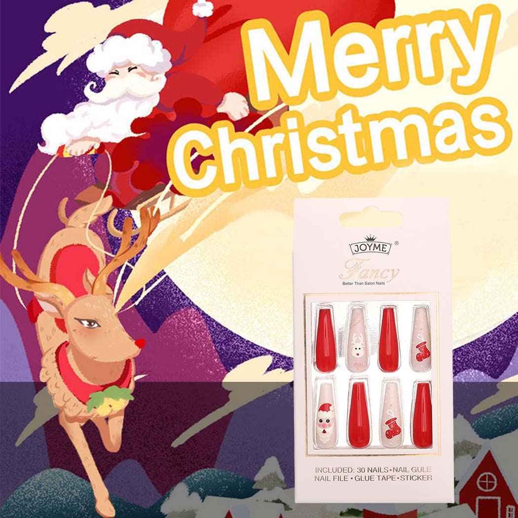 Uranian Coffin Extra Long Press on Nails Snowflake Red Christmas Fake Nails Elk Ballerina Glossy Full Cover False Nails Santa Claus Acrylic Nails Tips for Women and Girls 30 PCS (Pattern-D)