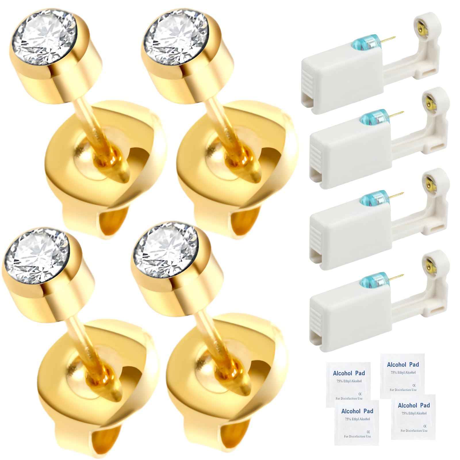 orilace 4Pcs Ear Piercing Kit - Self Disposable Ear Piercing Gun Built-in Earring Stud Low Pain At Home Body Piercing Kit Ease of Use 4mm (Clear Crystal)
