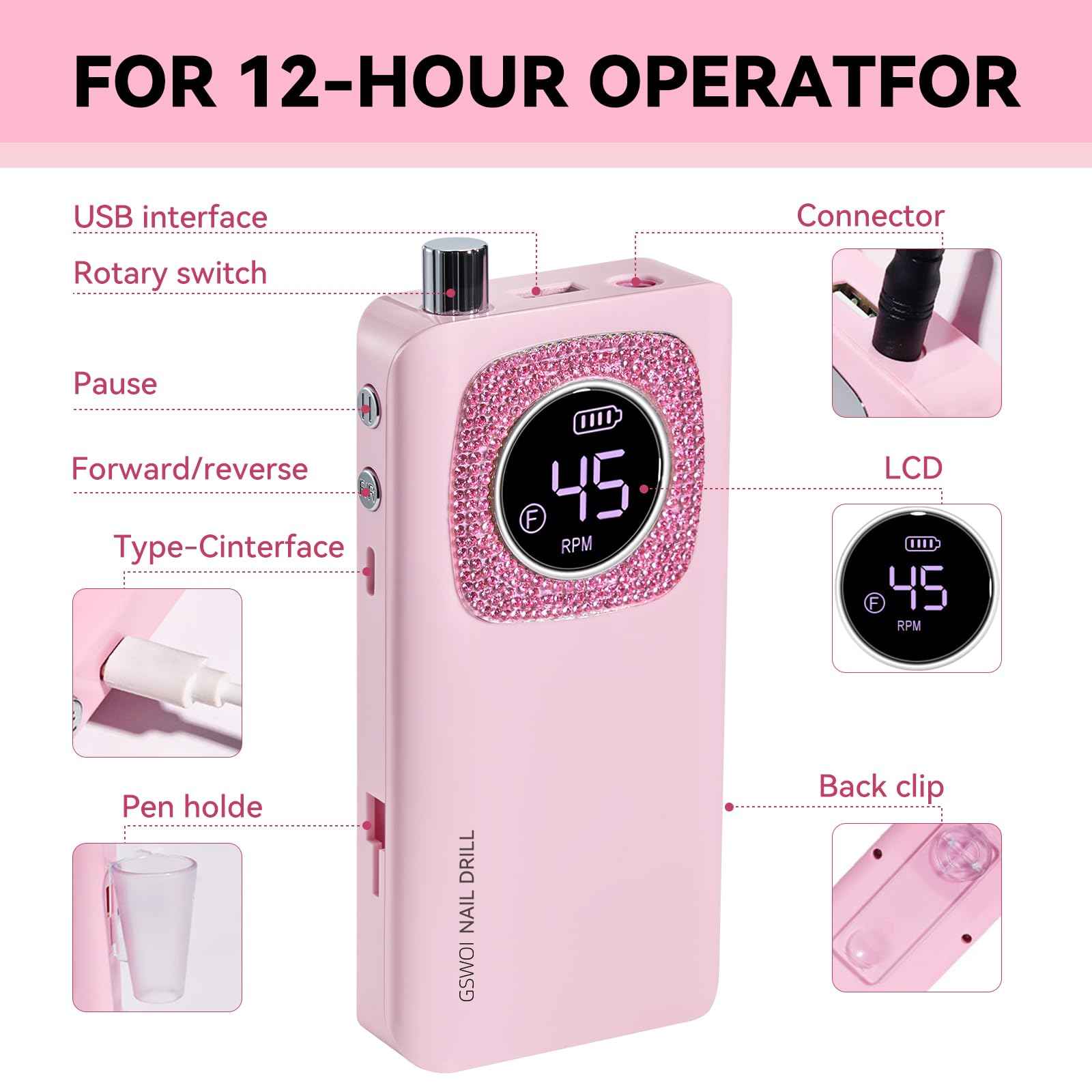 45000RPM Professional Portable Nail Drill Electric File with Pink diamond， Rechargeable Nail E File Machine with Bits & Clean for Acrylic Nails Remove Nail Gel Polish Manicure, Cordless
