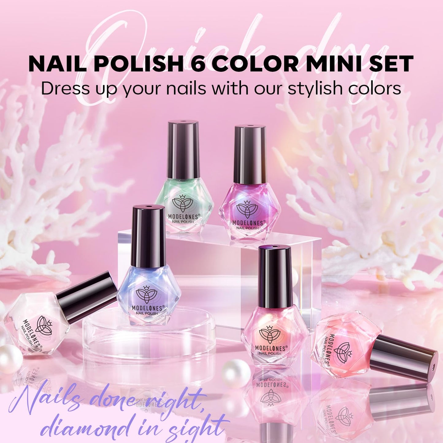 modelones Pearl Nail Polish 6 Colors Shimmer Pearl White Pink Mermaid Purple Nail Polish Set Summer Quick Dry Nail Polish Finger Nail Polish Bulk Manicure Diy Nail Art Salon Home Gift For Women Girl