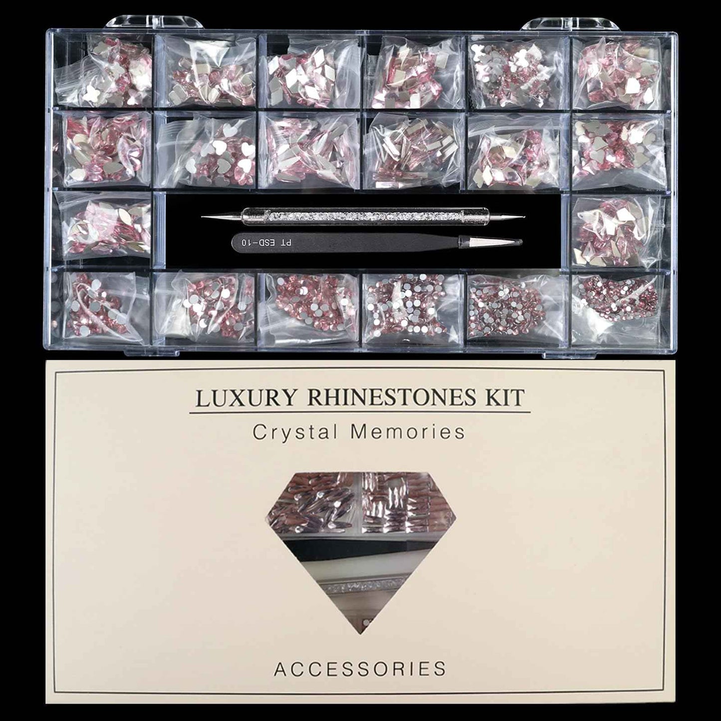 Yzzseven 14 Types of 700 Pink Diamonds + 1500 Flat Rhinestones Mix 20 Styles Flatback DIY Crafts Rhinestone Crystals 3D Ornament‌s Flat Back Stones Set + Tweezers + Drill Pen