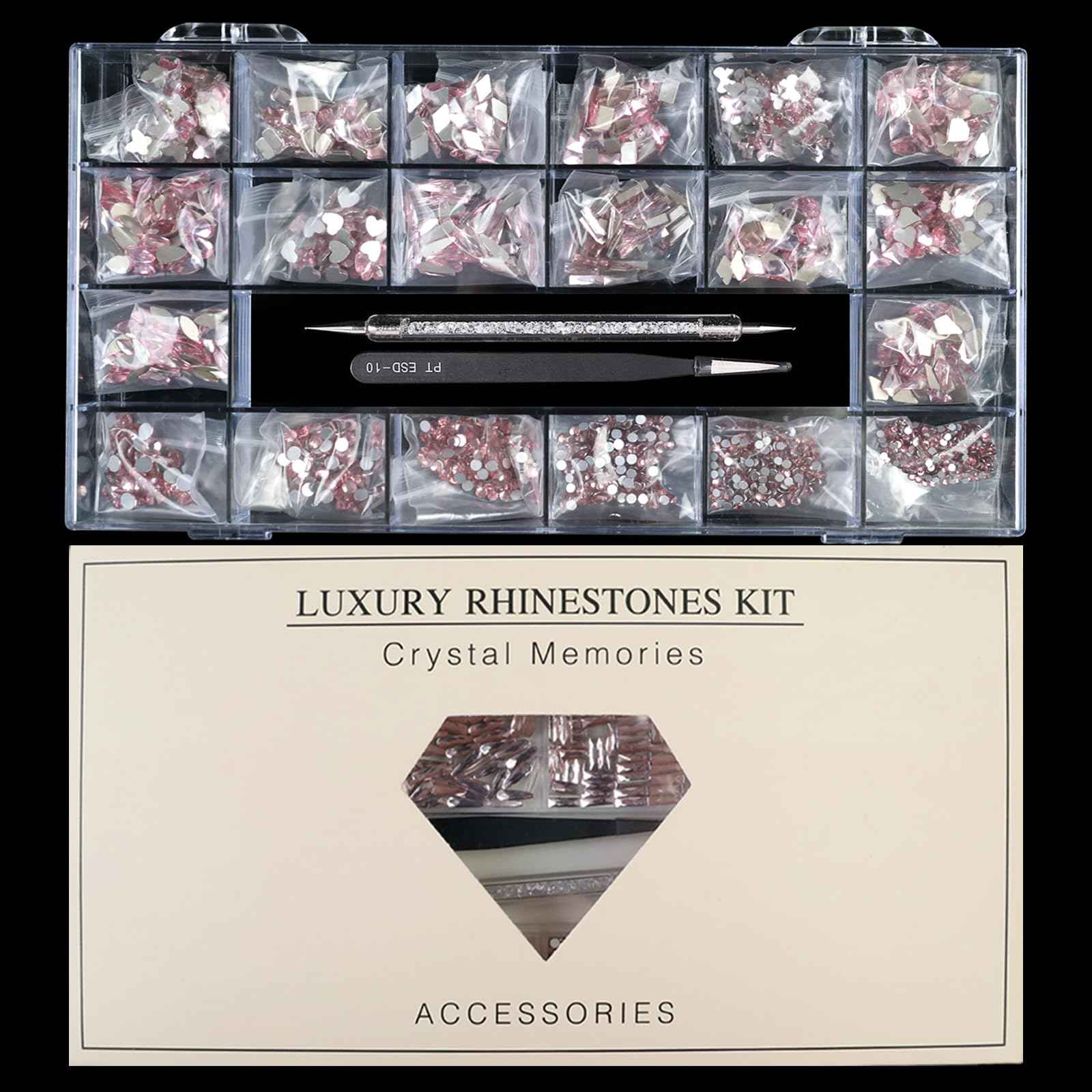 Yzzseven 14 Types of 700 Pink Diamonds + 1500 Flat Rhinestones Mix 20 Styles Flatback DIY Crafts Rhinestone Crystals 3D Ornament‌s Flat Back Stones Set + Tweezers + Drill Pen