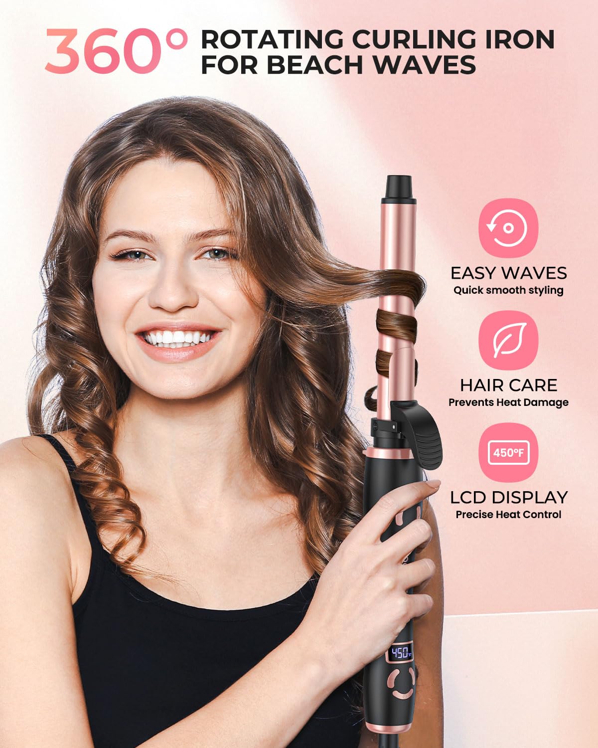 Rotating Curling Iron 1 Inch, Automatic Curling Wand for Long Hair,Adjustable Temperature Setting with LCD Display, Dual Voltage, Rose Gold