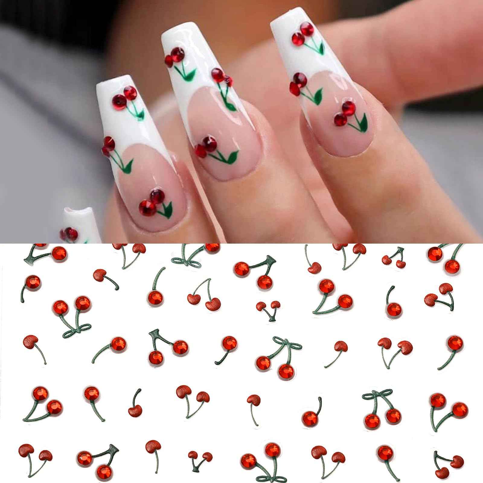 Pretty Diva Nail Art Stickers Crystal Cherry Art Nail Sticker Decals, 5D Cherries Nails Rhinestones Charms Fruit Self-Adhesive DIY Design French Tip Nail Decals
