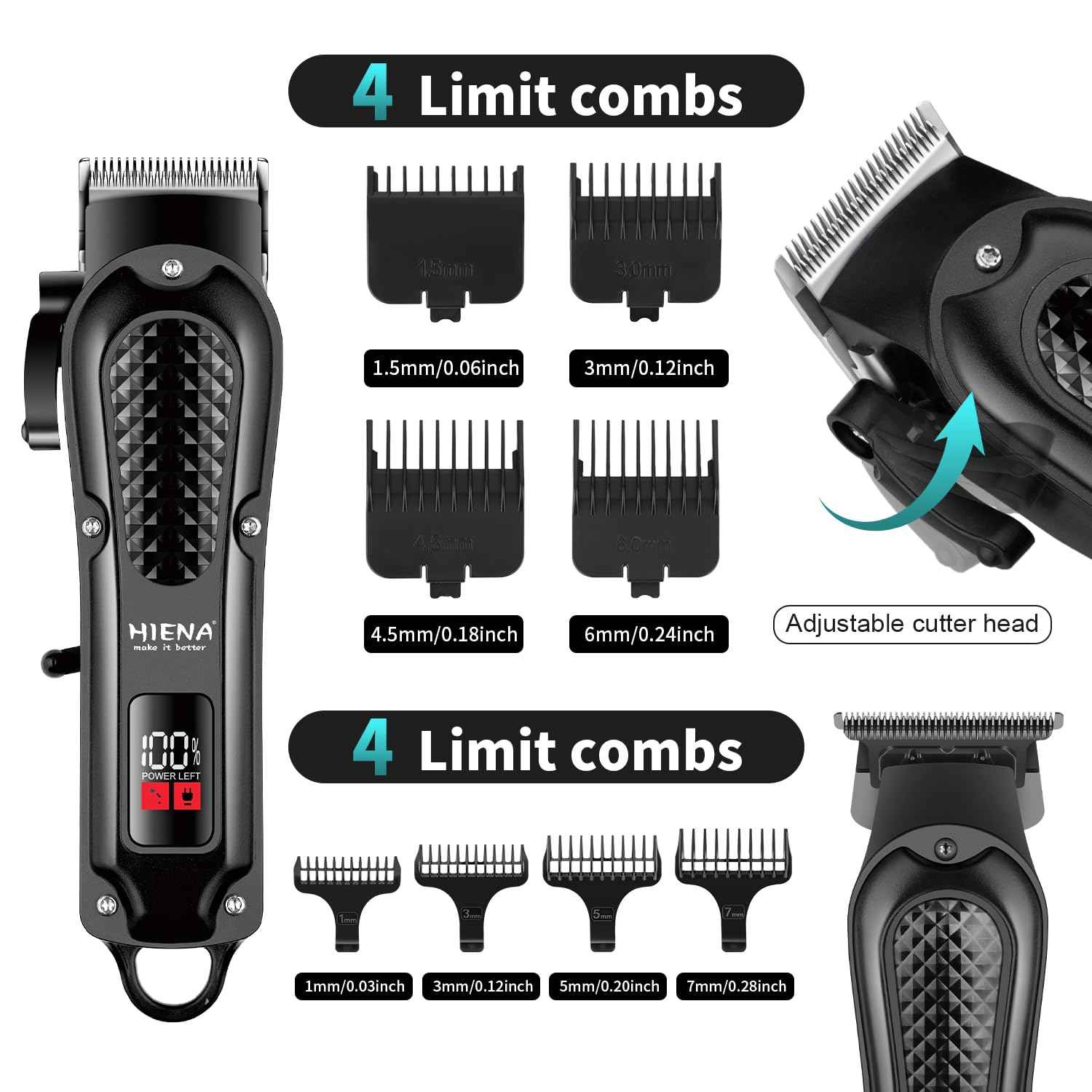 HIENA PRO Professional Cordless Hair Clippers for Men, Beard Trimmer & Nose Hair Trimmer Set, Rechargeable Electric Barber Hair Cutting Grooming Kit