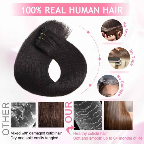 CWRDK Clip in Hair Extensions Real Human Hair, 100% Brazilian Remy Human Hair Clip ins for Women, Straight Seamless Double Weft Hair Extensions, Invisible 8pcs, 16 Inch 90g, #1B Natural Black