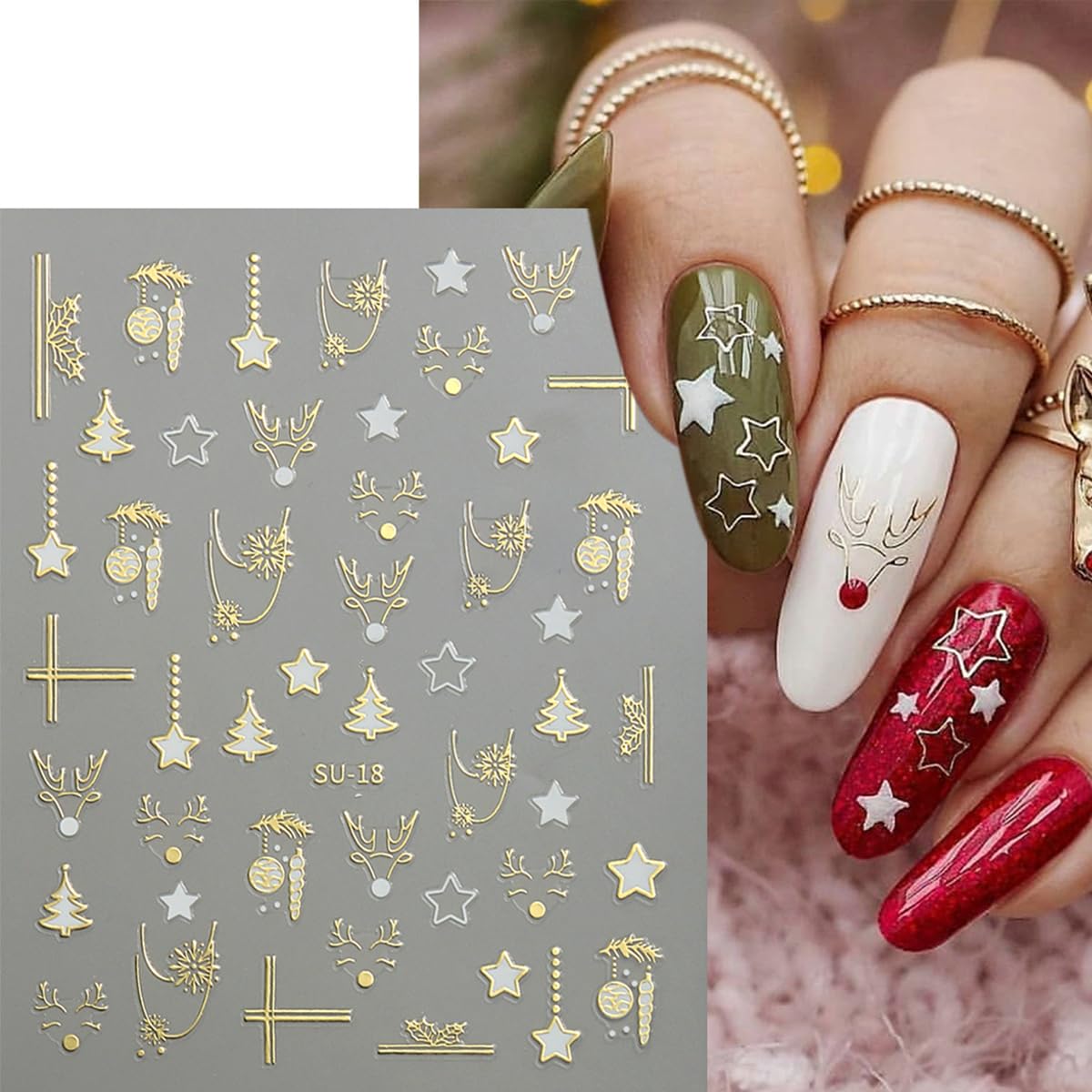 Christmas Nail Art Sticker Decals 8 Sheets Gold Silver Snowflake Nail Decals Elk Star Christmas Tree Gingerbread Man Design Holiday Nail Stickers Xmas Acrylic Nail Art Decorations Supplies for Women