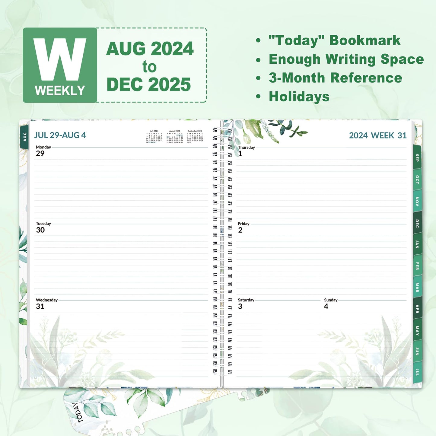 SUNEE Academic Planner 2024-2025 Weekly and Monthly - from August 2024 - December 2025, 8.5"x11" School Year Daily Calendar with Monthly Tab, Flexible Cover, Note Page, Pocket, Bookmark, Greenery