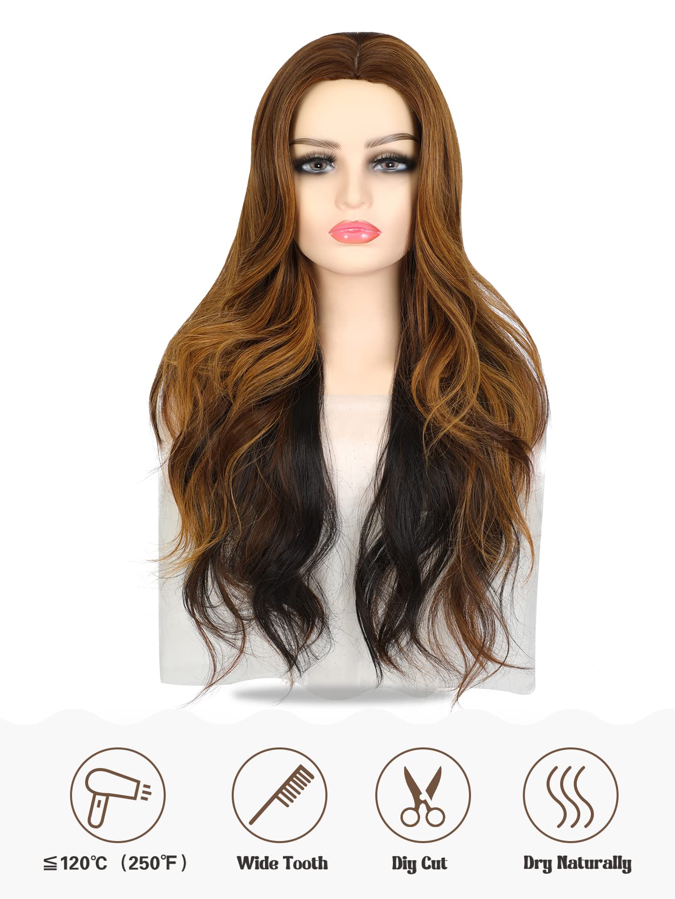 Jinnhelun Long Wavy Wigs for Women Synthetic Hair Wig Natural Look Middle Part Wigs for Daily Use (Ombre brown XXT)