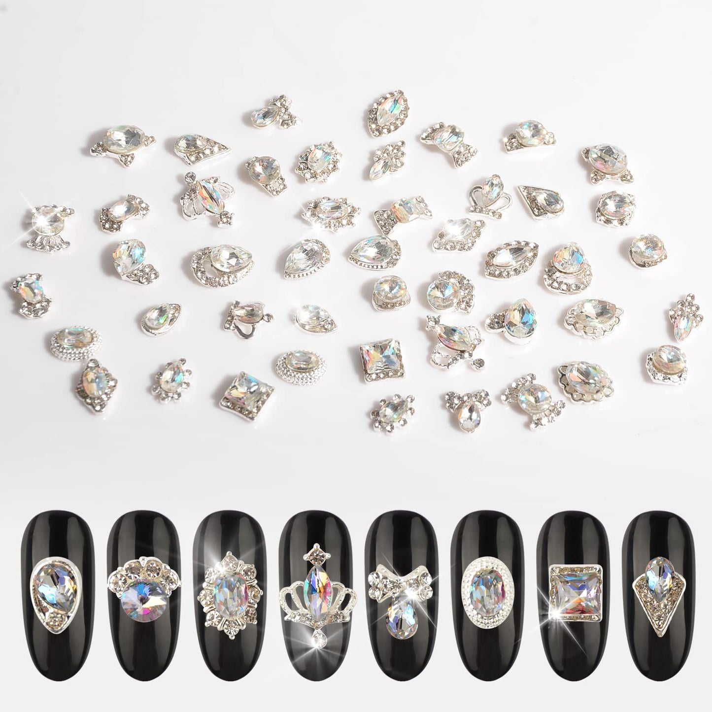 Nail Art Decoration Kit, 120Pcs Mixed Shapes Nail Rhinestones Nail Crystal Diamond Box Nail Charms Multi Sizes 3D Nail Decoration Gem Diamonds Jewelry for Nails Crafts Nail Accessories (24 Styles,AB)